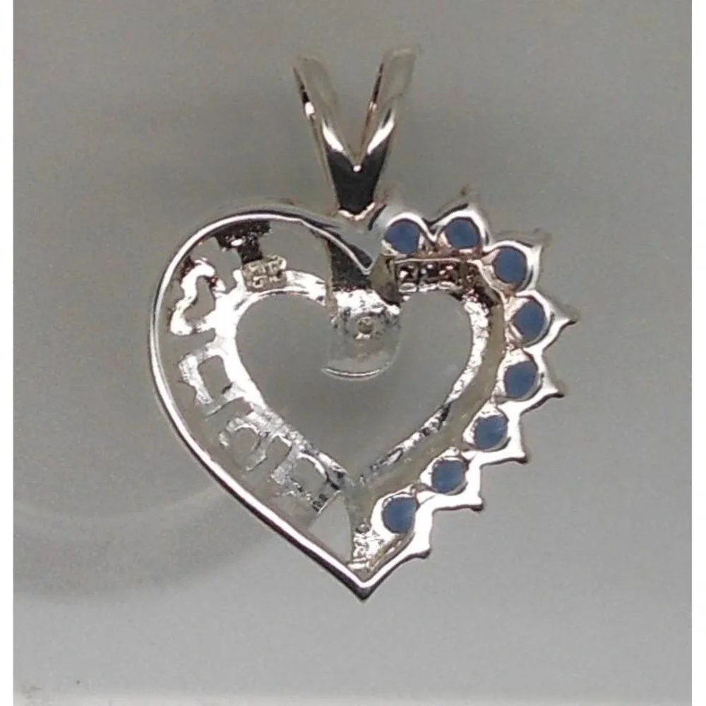 Vintage 1990's Beautiful Sterling Silver I Love Mom Necklace Pendant Sapphire CZ